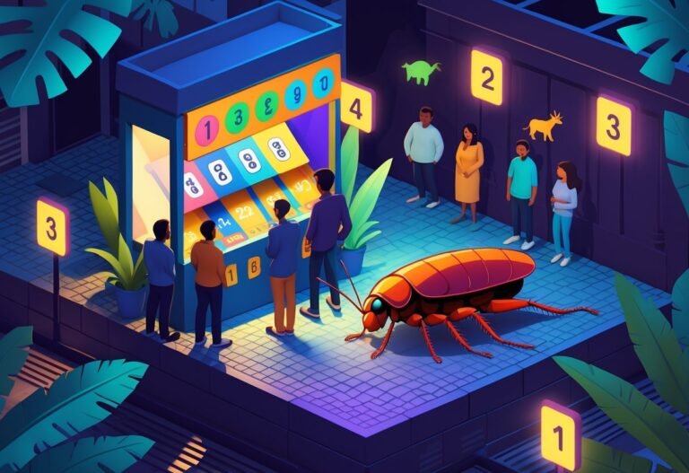 Cena noturna em uma rua com um quiosque de jogo do bicho e uma barata grande próxima, com pessoas observando ao redor.