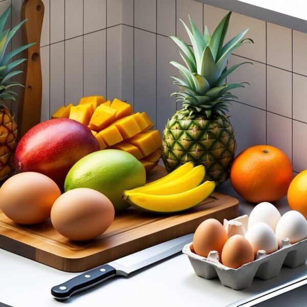 Cena de uma bancada de cozinha com frutas variadas e ovos, destacando visualmente algumas frutas próximas aos ovos para indicar combinação desfavorável.