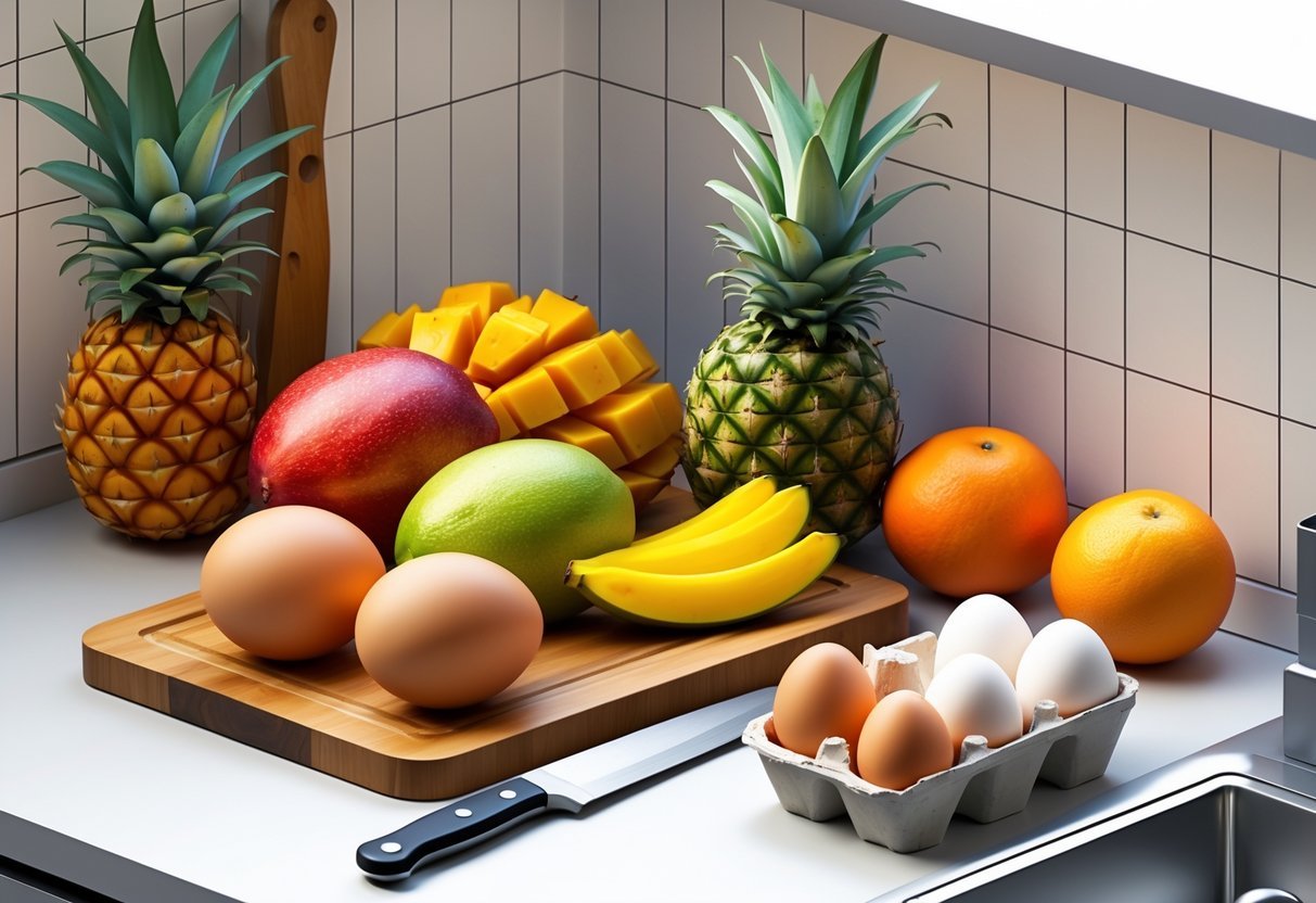 Cena de uma bancada de cozinha com frutas variadas e ovos, destacando visualmente algumas frutas próximas aos ovos para indicar combinação desfavorável.