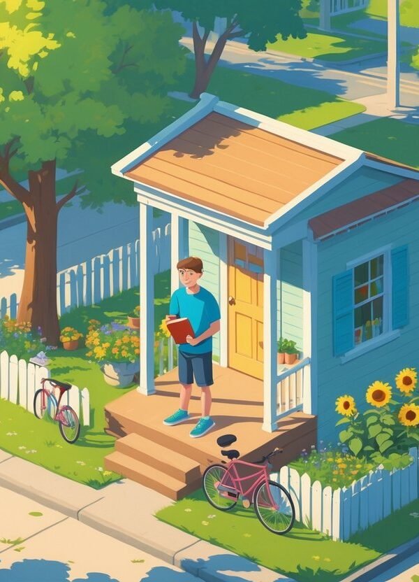 Um jovem em uma varanda de casa durante o verão, cercado por árvores verdes, flores e um bairro tranquilo, refletindo sobre sua transição da infância para a vida adulta.