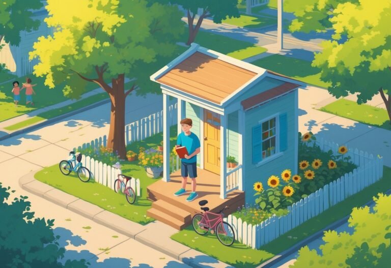 Um jovem em uma varanda de casa durante o verão, cercado por árvores verdes, flores e um bairro tranquilo, refletindo sobre sua transição da infância para a vida adulta.