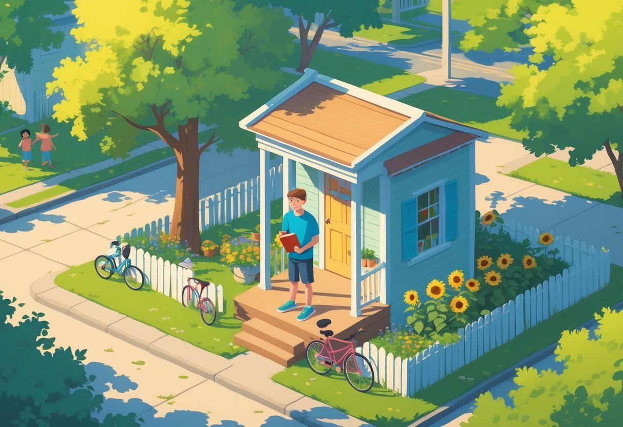 Um jovem em uma varanda de casa durante o verão, cercado por árvores verdes, flores e um bairro tranquilo, refletindo sobre sua transição da infância para a vida adulta.