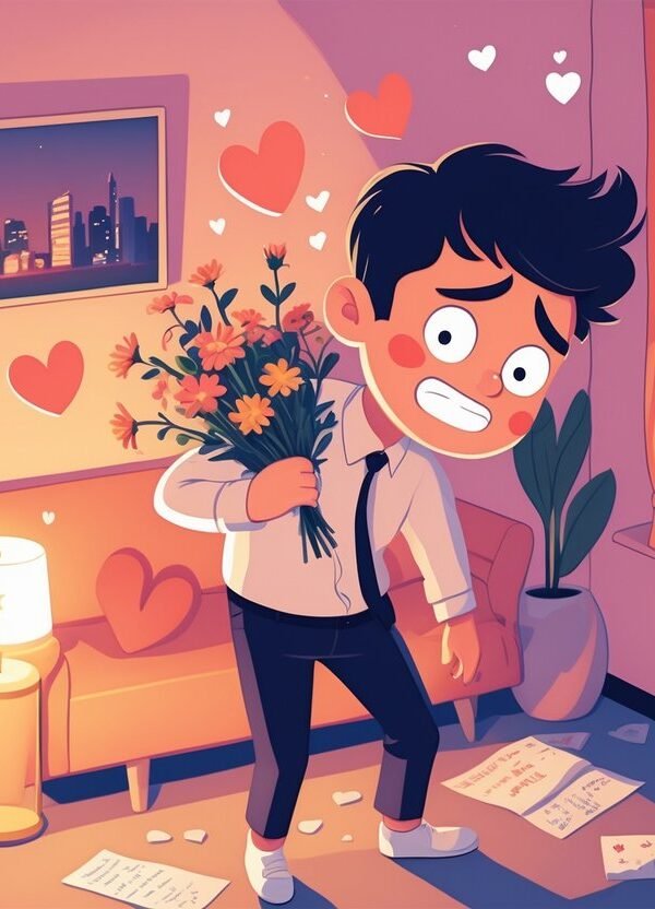 Um homem em um apartamento segurando um buquê de flores, com expressão nervosa e sinais estranhos de estar apaixonado, como corações flutuantes e blush exagerado.