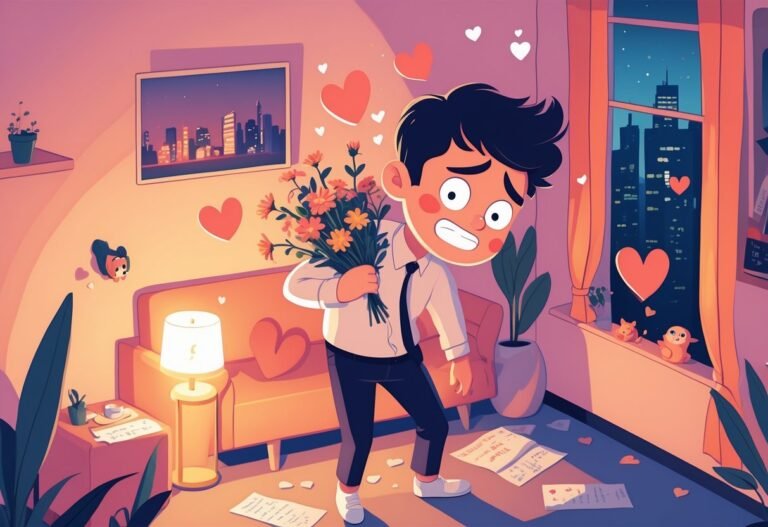 Um homem em um apartamento segurando um buquê de flores, com expressão nervosa e sinais estranhos de estar apaixonado, como corações flutuantes e blush exagerado.