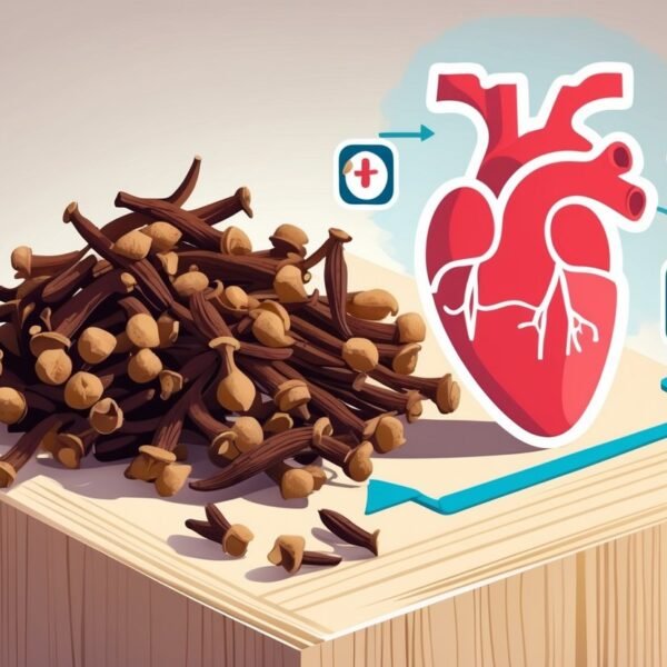 Ilustração mostrando cravos-da-índia ao lado de um coração com uma seta apontando para cima, simbolizando aumento da pressão arterial.