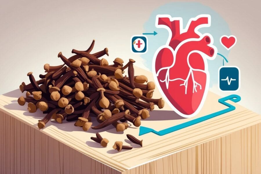 Ilustração mostrando cravos-da-índia ao lado de um coração com uma seta apontando para cima, simbolizando aumento da pressão arterial.
