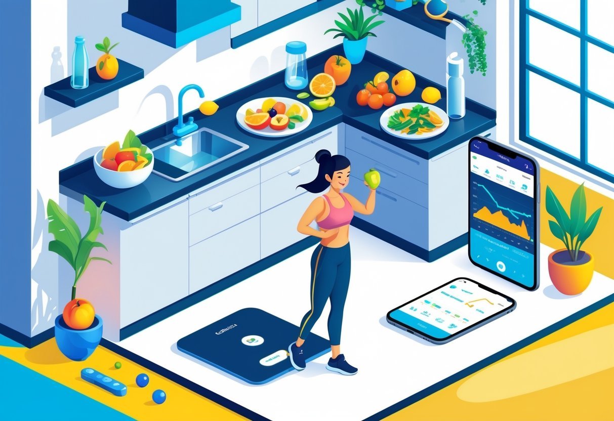 Pessoa em uma cozinha preparando uma refeição saudável, com frutas, vegetais, uma balança digital no chão e um smartphone mostrando um aplicativo de fitness.