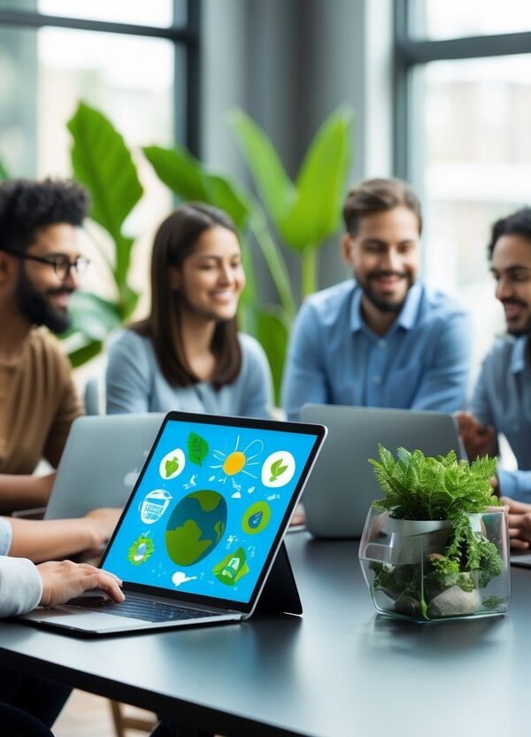 Grupo de pessoas reunidas em um espaço de trabalho moderno com laptops e plantas, focadas em atividades relacionadas ao meio ambiente.