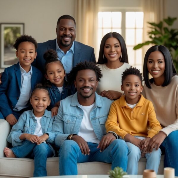 Foto de uma família Wayans sorrindo e interagindo em uma sala de estar aconchegante.