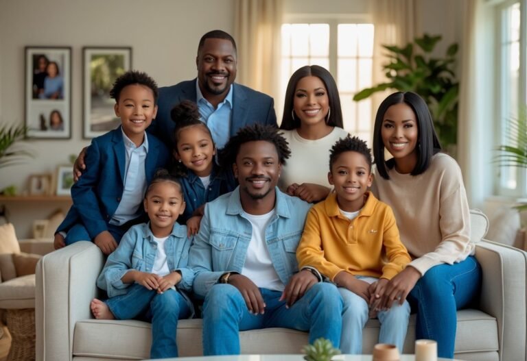 Foto de uma família Wayans sorrindo e interagindo em uma sala de estar aconchegante.