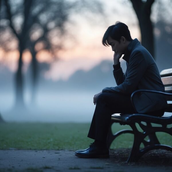Pessoa sentada sozinha em um banco de parque ao entardecer, olhando pensativa para baixo, com árvores desfocadas e névoa ao fundo.