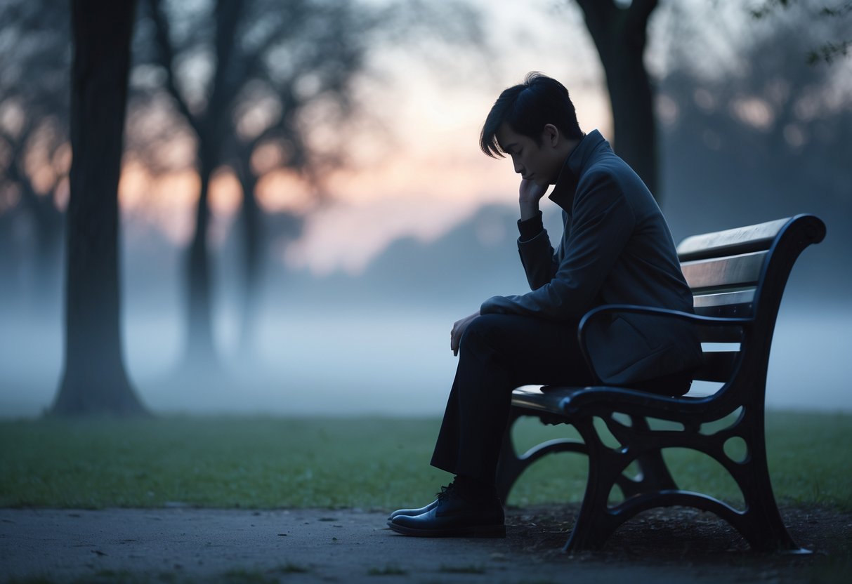 Pessoa sentada sozinha em um banco de parque ao entardecer, olhando pensativa para baixo, com árvores desfocadas e névoa ao fundo.