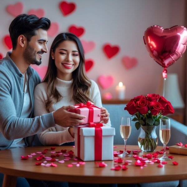 Casal jovem trocando presentes em uma sala decorada para o Dia dos Namorados com balões em formato de coração e rosas vermelhas.