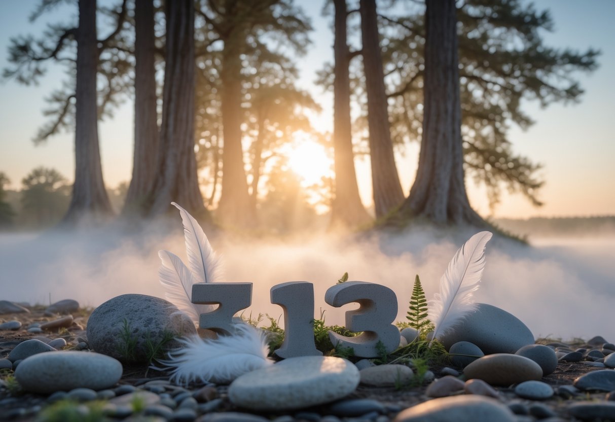 Uma paisagem natural tranquila ao amanhecer com árvores altas, pedras lisas, penas brancas e névoa suave, transmitindo uma sensação de paz e espiritualidade.