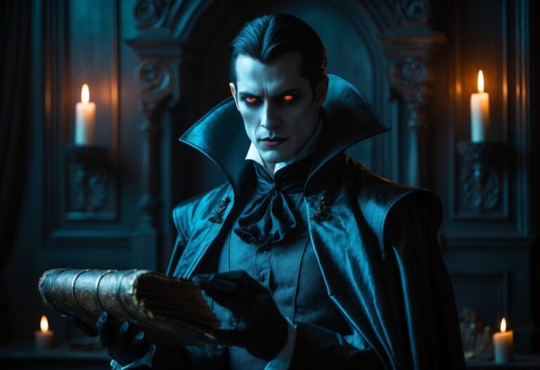 Um vampiro elegante em um ambiente gótico com iluminação suave, vestindo roupa vitoriana e segurando um livro antigo.