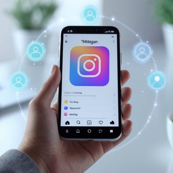 Uma mão segurando um smartphone mostrando a tela de configurações do Instagram com ícones que indicam a troca para uma conta pessoal, em um ambiente de trabalho minimalista.