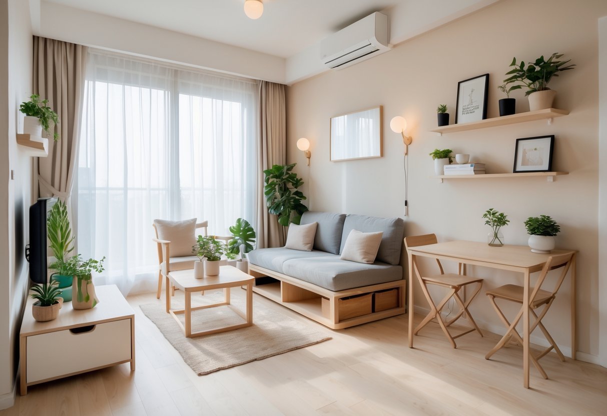 Interior de um apartamento pequeno e bem iluminado com móveis compactos, plantas e decoração funcional.
