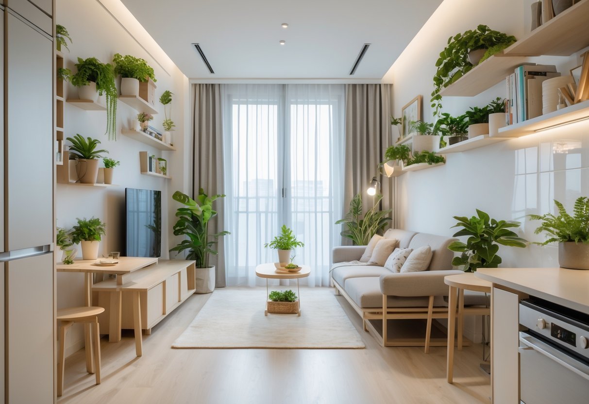 Interior de um apartamento pequeno com sala e cozinha integradas, móveis multifuncionais e plantas decorativas.