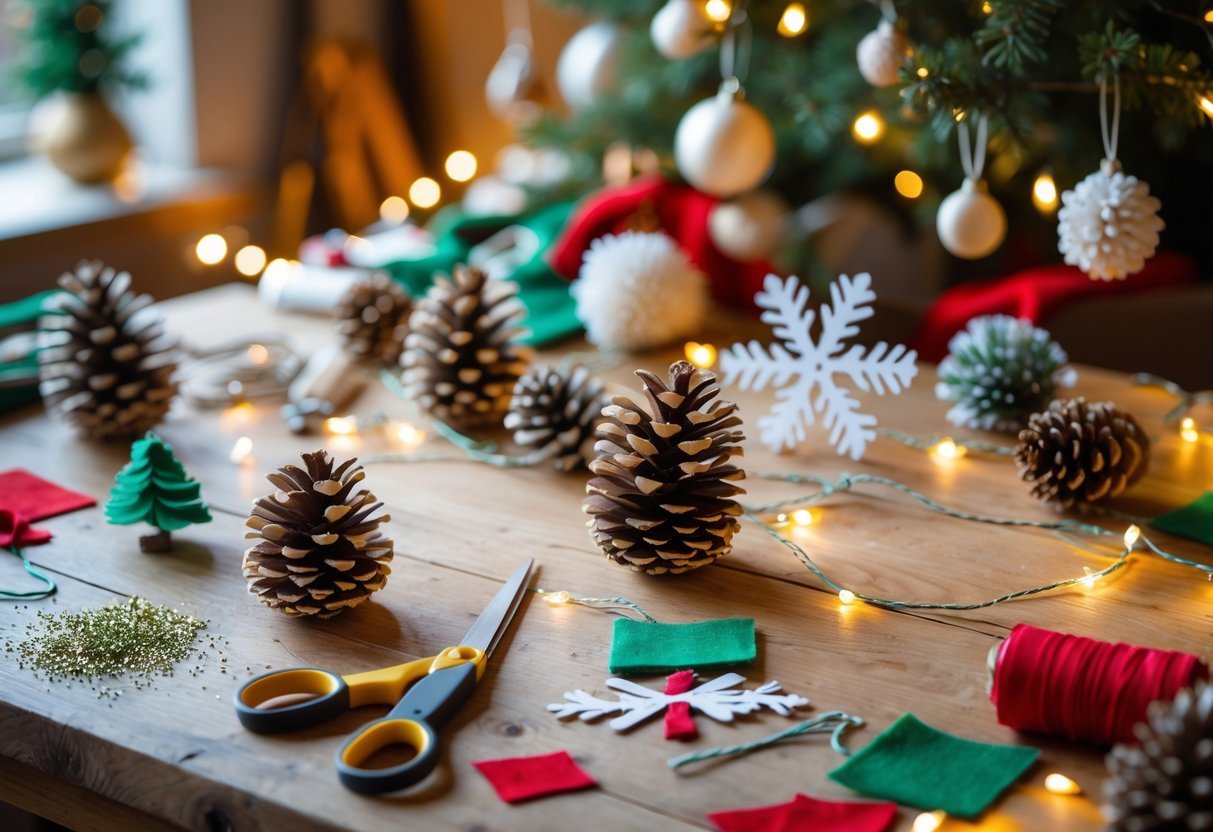 Mesa com materiais e enfeites de decoração de Natal feitos à mão em um ambiente interno iluminado por luzes de fada.