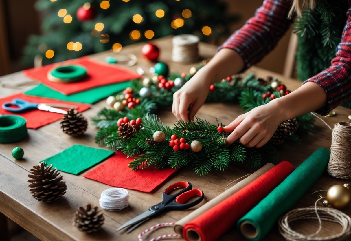 Mesa com materiais de artesanato natalino e mãos montando uma guirlanda de Natal com elementos naturais.