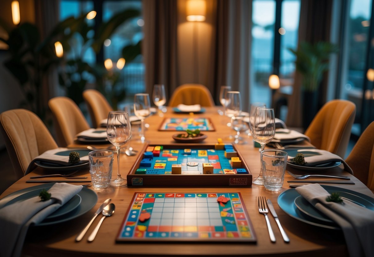 Mesa de jantar arrumada com um jogo de tabuleiro e utensílios de mesa prontos para uma noite de jogo.