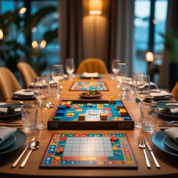 Mesa de jantar arrumada com um jogo de tabuleiro e utensílios de mesa prontos para uma noite de jogo.