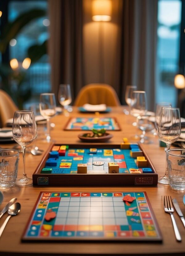 Mesa de jantar arrumada com um jogo de tabuleiro e utensílios de mesa prontos para uma noite de jogo.