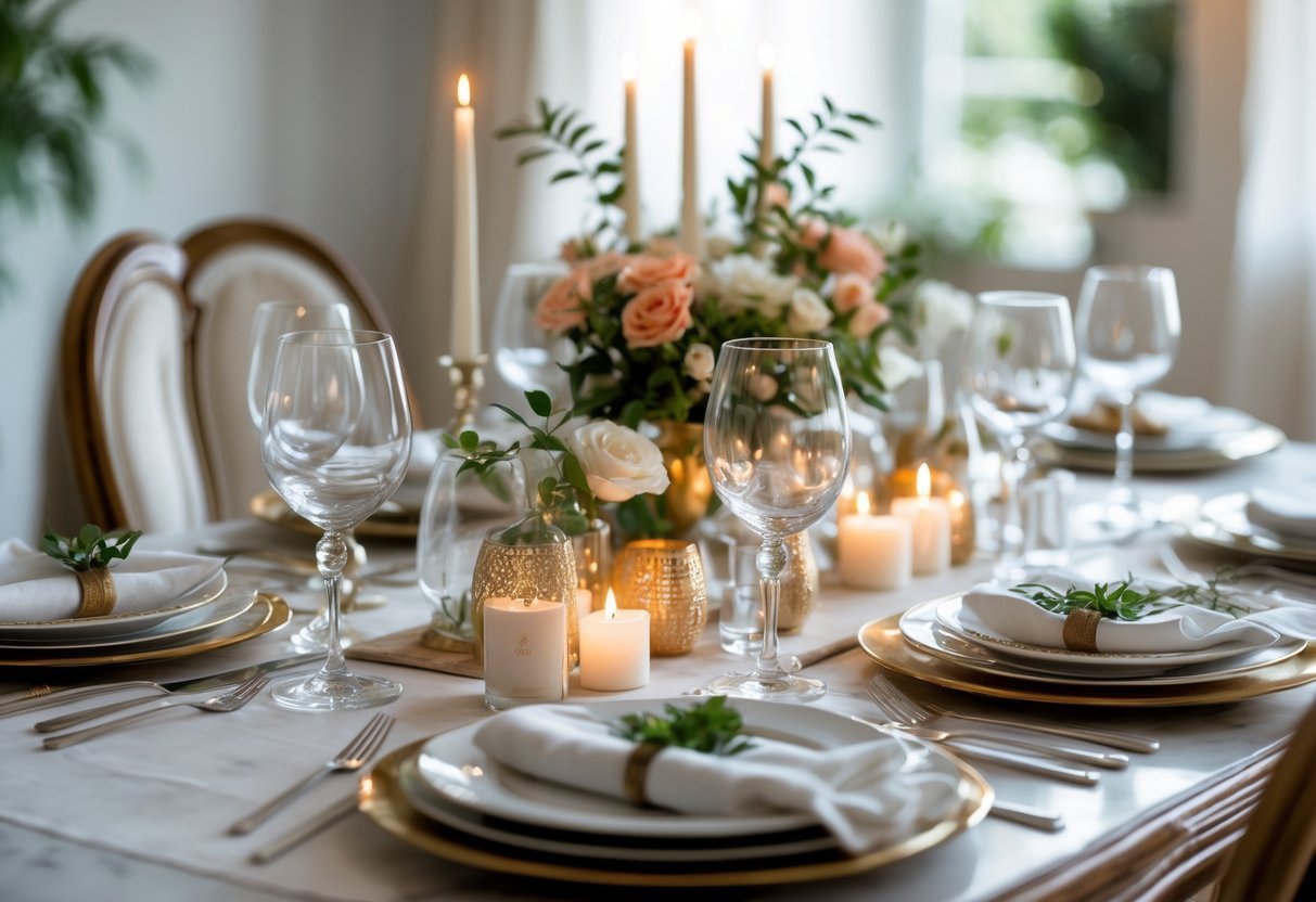Mesa de jantar elegantemente arrumada com pratos, copos, talheres, guardanapos e decoração central com flores e velas.