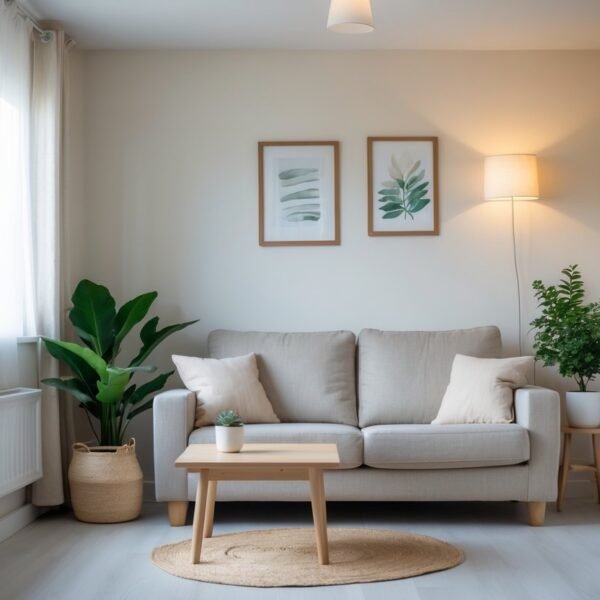 Sala pequena com sofá simples, mesa de centro pequena, planta em vaso e quadros na parede, iluminada por luz natural.