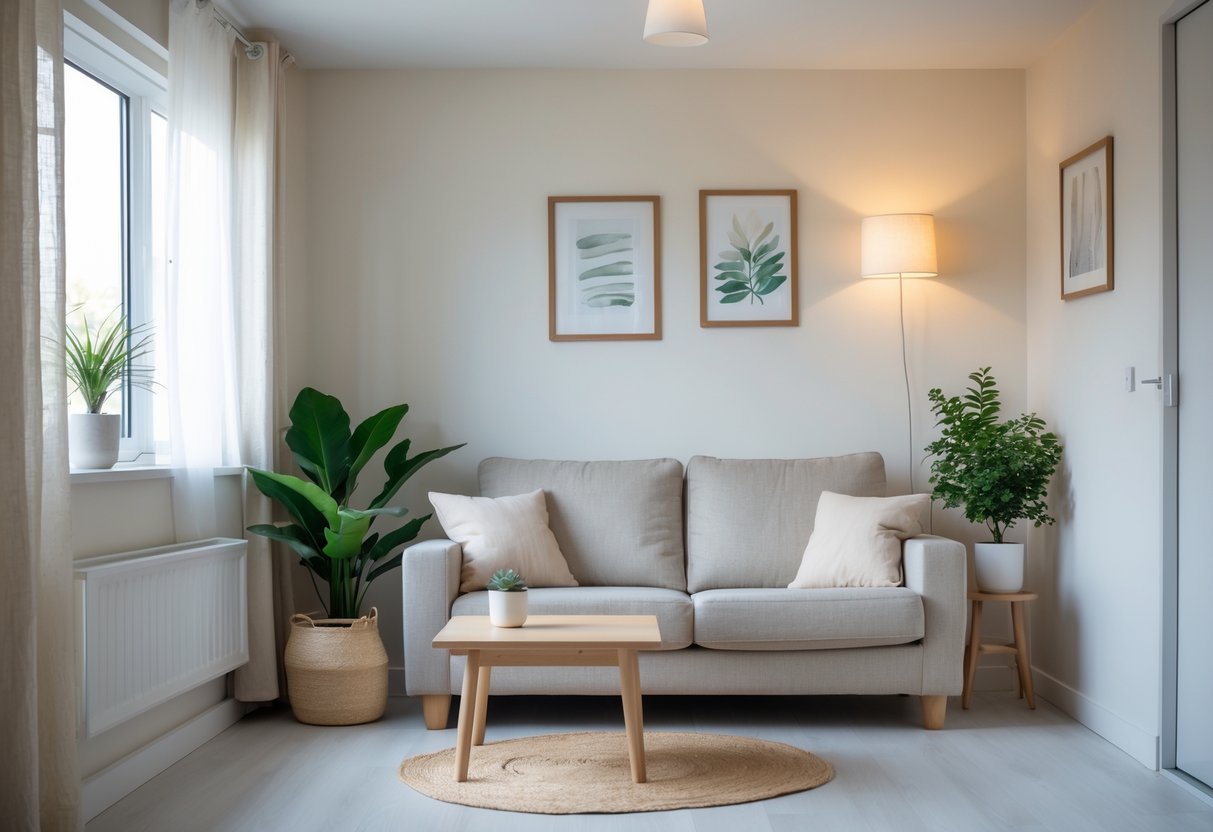 Sala pequena com sofá simples, mesa de centro pequena, planta em vaso e quadros na parede, iluminada por luz natural.