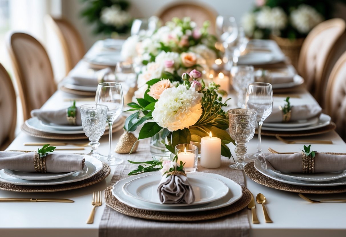 Mesa de jantar elegantemente arrumada com pratos, copos, talheres, guardanapos, flores e velas como decoração.