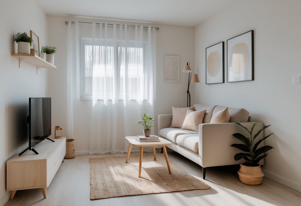 Sala pequena com sofá, mesa de centro, planta, luminária e decoração simples e aconchegante.