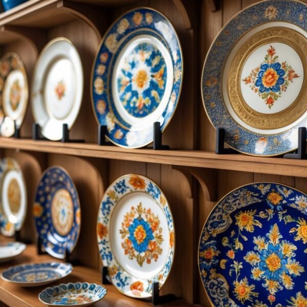 Vários pratos decorativos coloridos pendurados em uma parede de madeira.