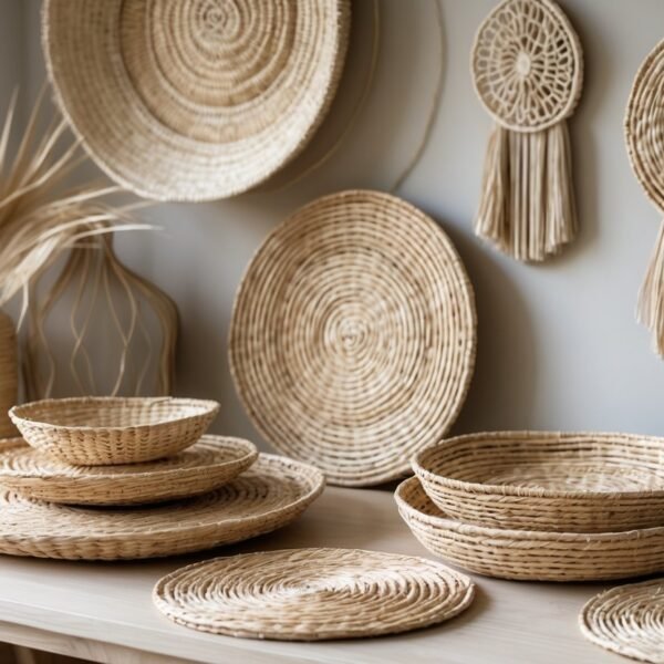 Decoração feita de palha com cestos, jogos americanos e penduricalhos exibidos sobre uma superfície de madeira clara.