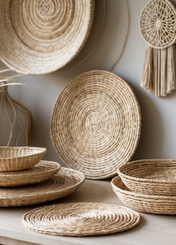 Decoração feita de palha com cestos, jogos americanos e penduricalhos exibidos sobre uma superfície de madeira clara.