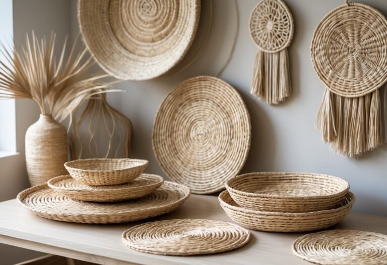 Decoração feita de palha com cestos, jogos americanos e penduricalhos exibidos sobre uma superfície de madeira clara.