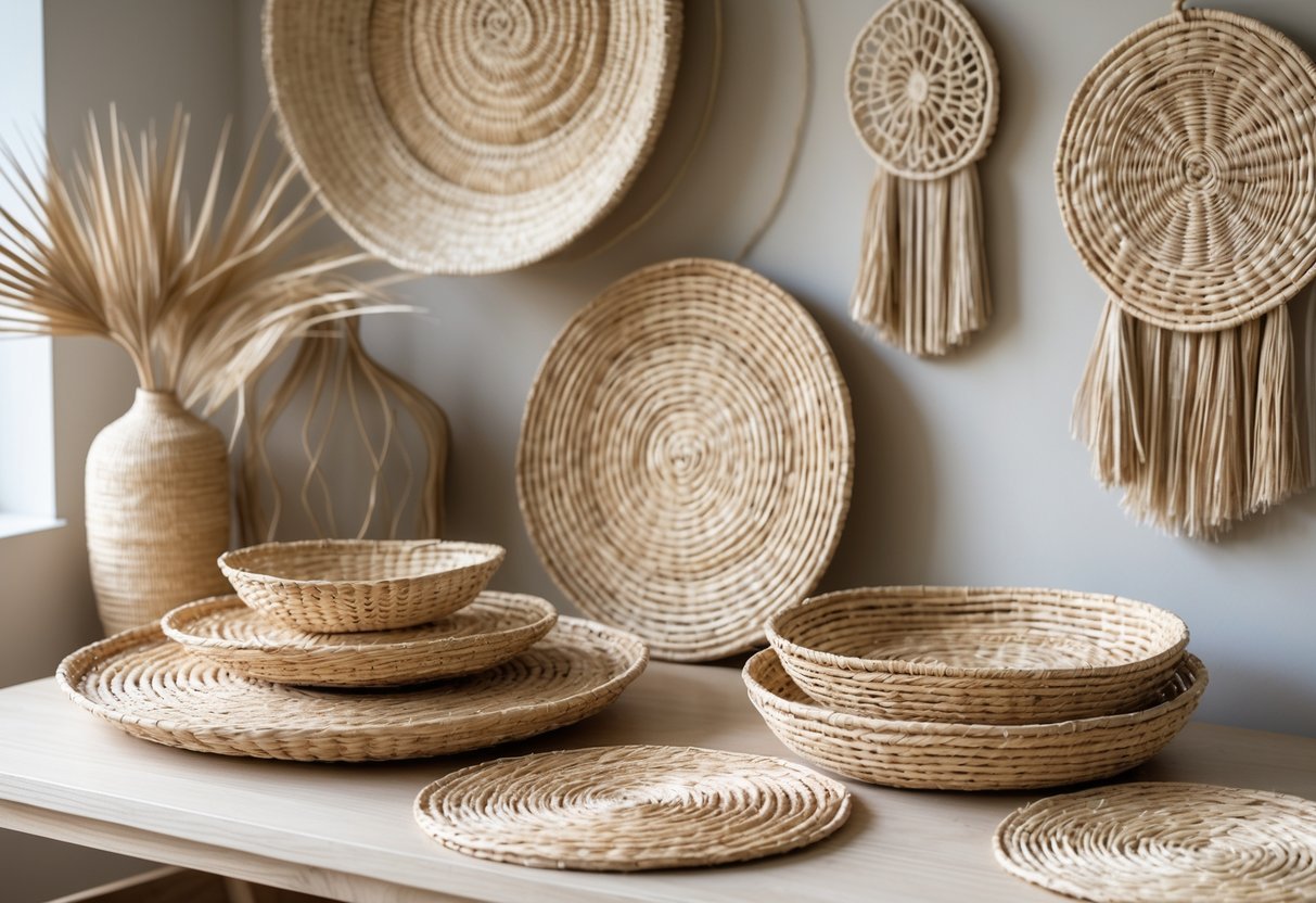 Decoração feita de palha com cestos, jogos americanos e penduricalhos exibidos sobre uma superfície de madeira clara.