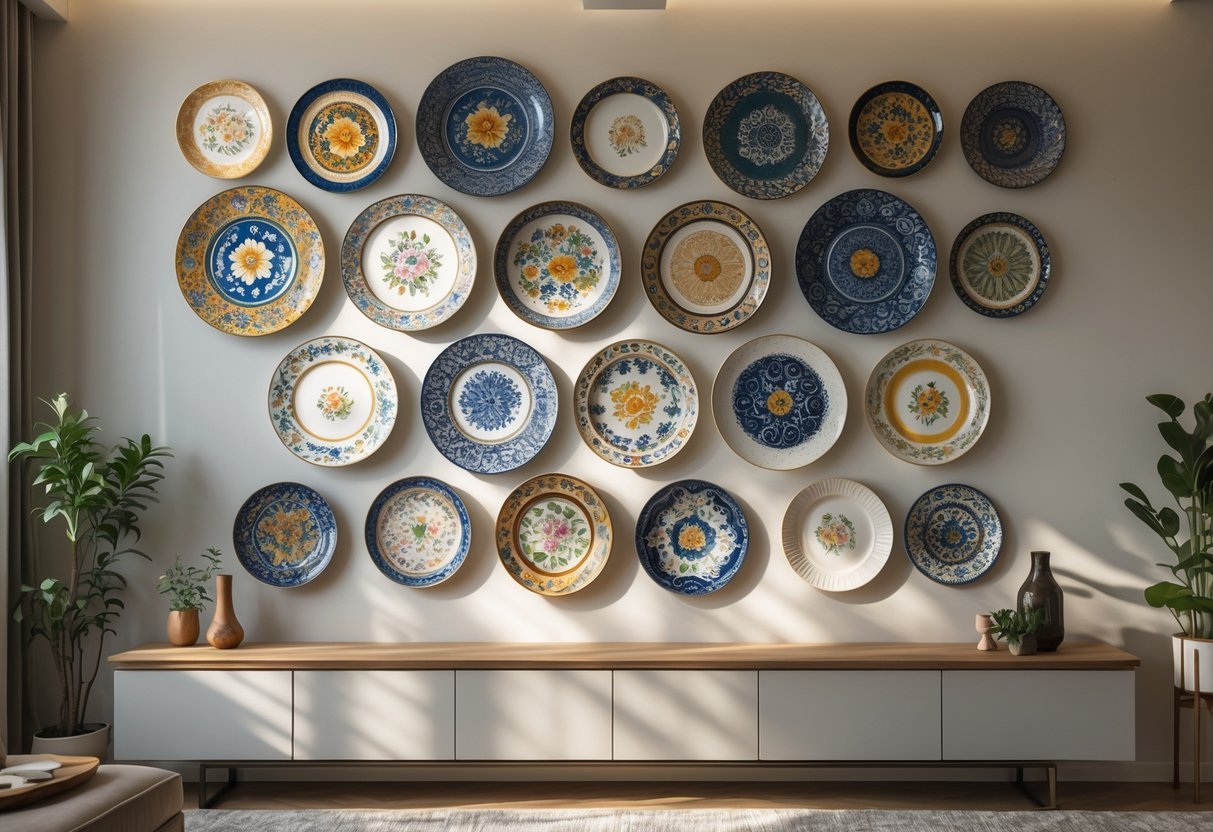 Parede de sala decorada com pratos decorativos de vários tamanhos e padrões, com uma mesa de madeira e planta ao lado.