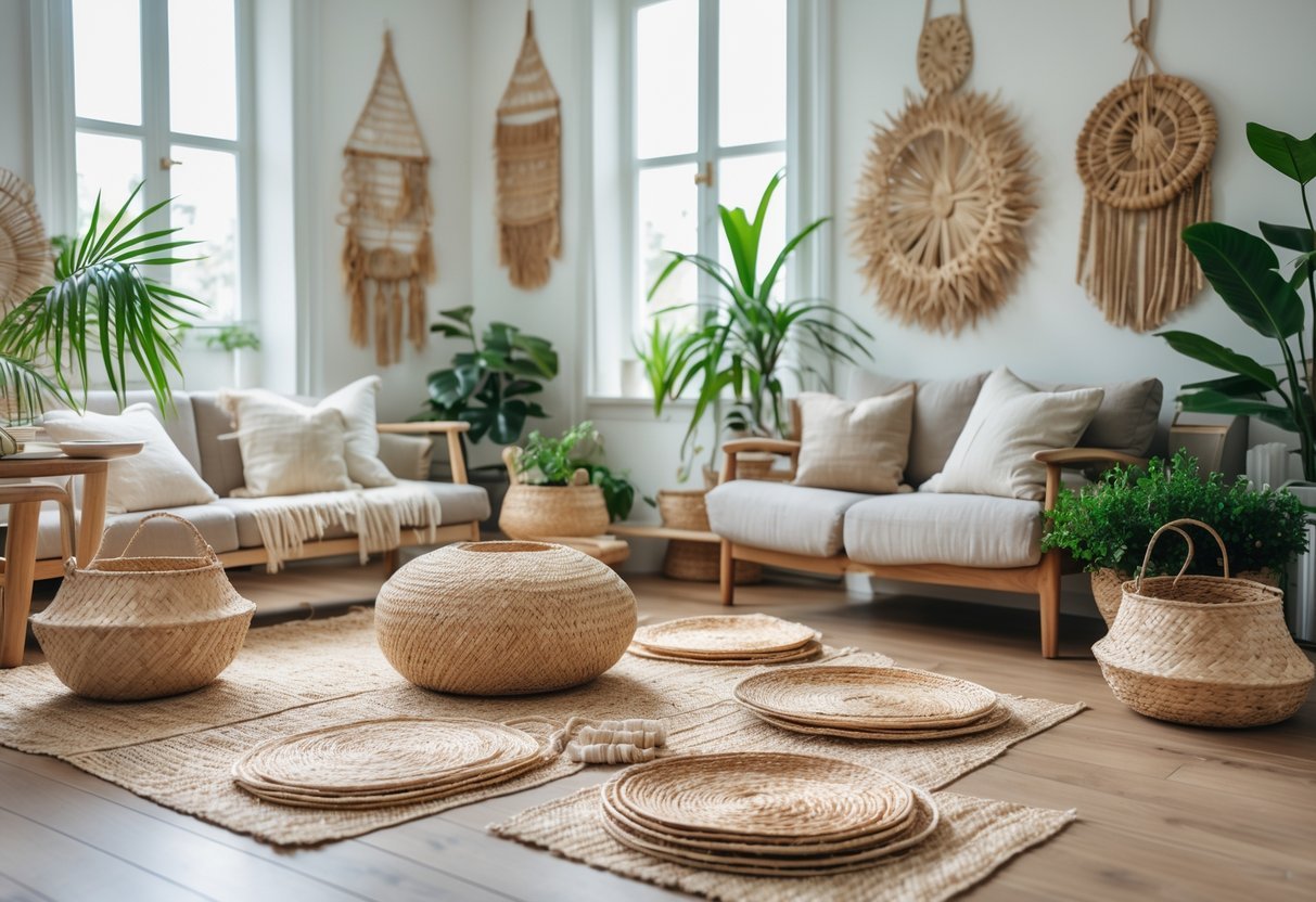 Ambiente interno com decoração em palha, incluindo cestos, tapetes e penduricalhos de palha, móveis de madeira e plantas em vasos.