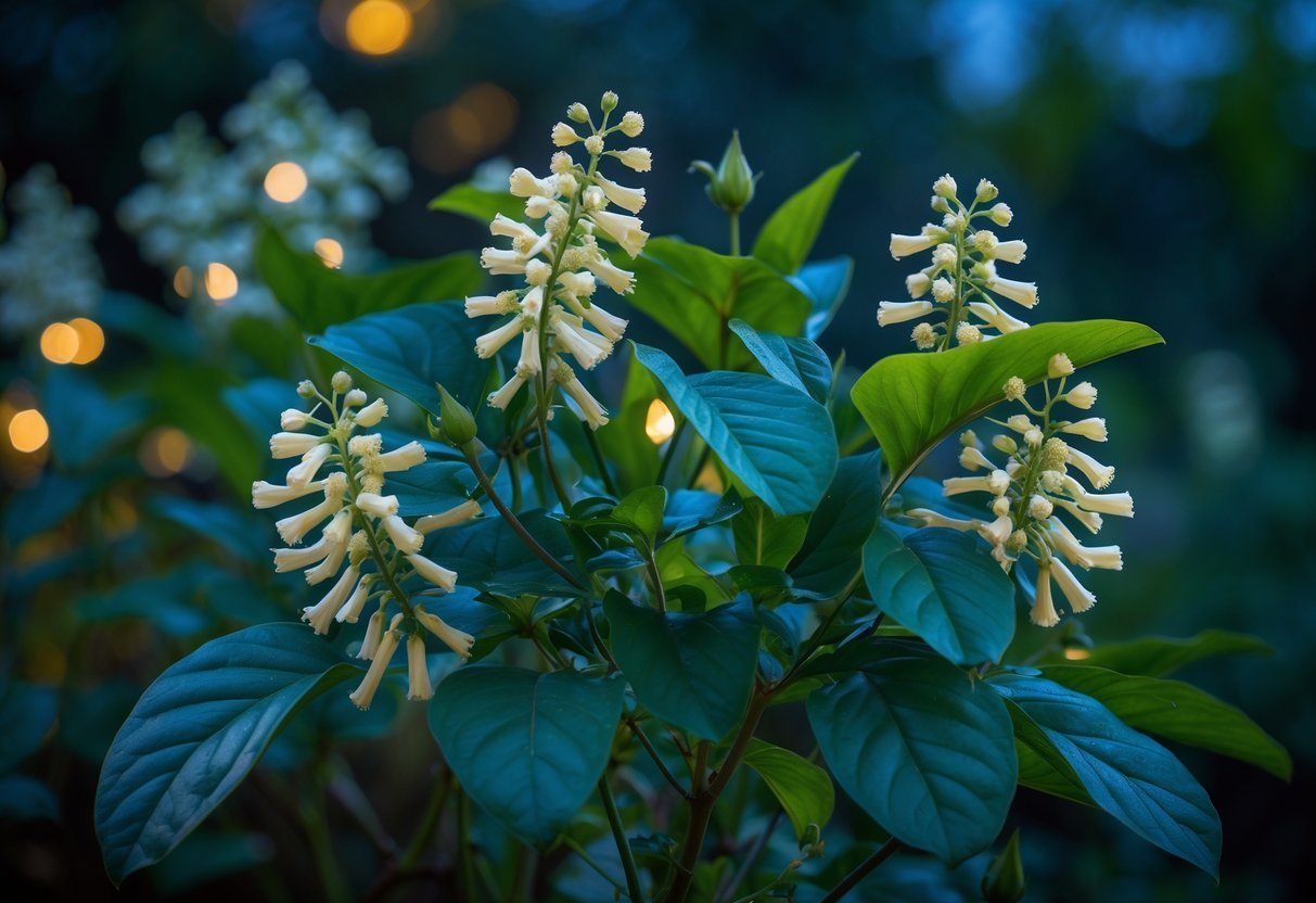 Planta dama da noite com flores brancas e folhas verdes em um ambiente de jardim ao entardecer.