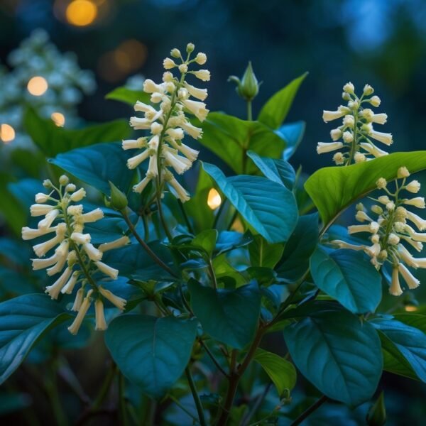 Planta dama da noite com flores brancas e folhas verdes em um ambiente de jardim ao entardecer.