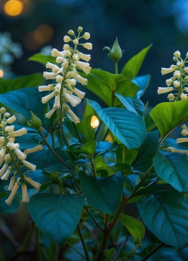 Planta dama da noite com flores brancas e folhas verdes em um ambiente de jardim ao entardecer.