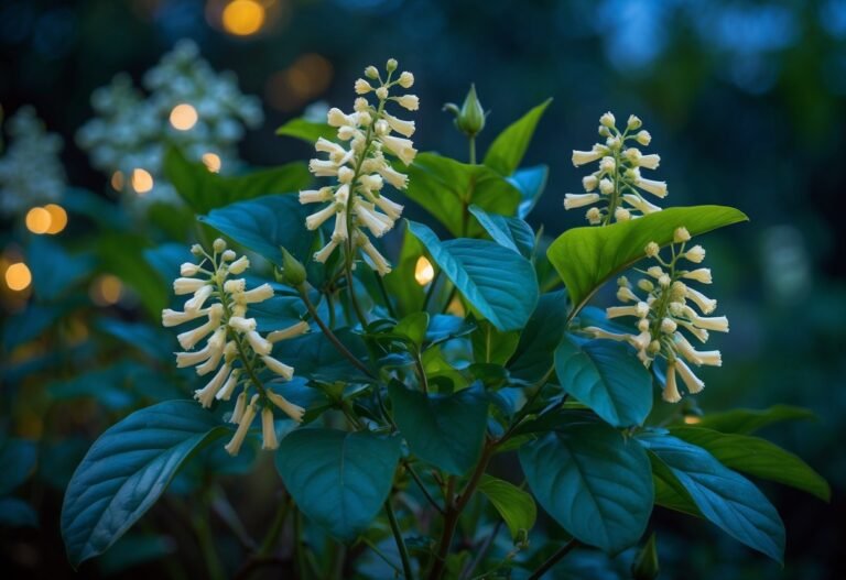 Planta dama da noite com flores brancas e folhas verdes em um ambiente de jardim ao entardecer.