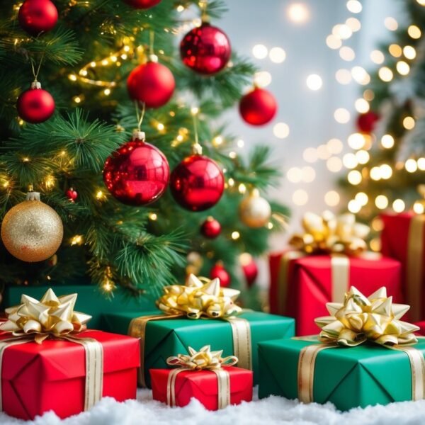 Cena natalina com árvore decorada em vermelho, verde e dourado, presentes ao redor e luzes brilhantes ao fundo.