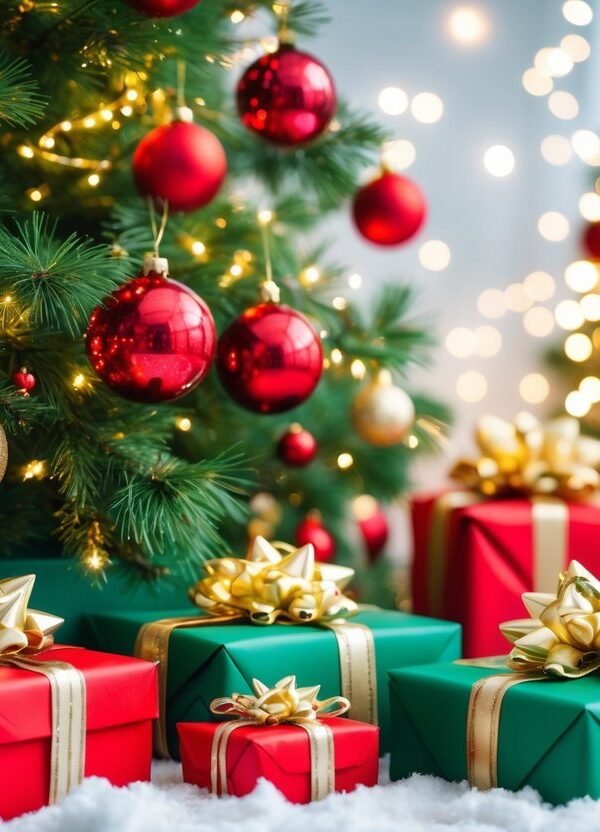 Cena natalina com árvore decorada em vermelho, verde e dourado, presentes ao redor e luzes brilhantes ao fundo.