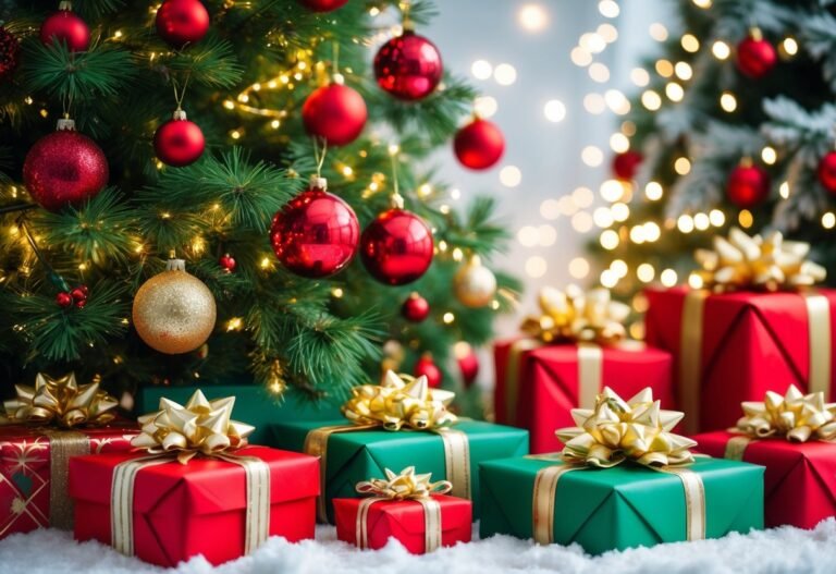 Cena natalina com árvore decorada em vermelho, verde e dourado, presentes ao redor e luzes brilhantes ao fundo.