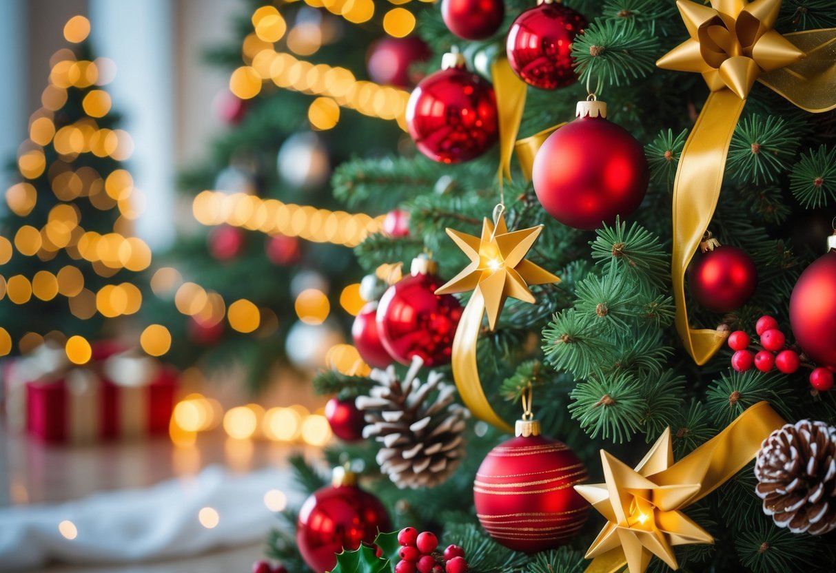 Uma árvore de Natal decorada com enfeites vermelhos, dourados, verdes e brancos, com luzes suaves e elementos naturais ao redor.