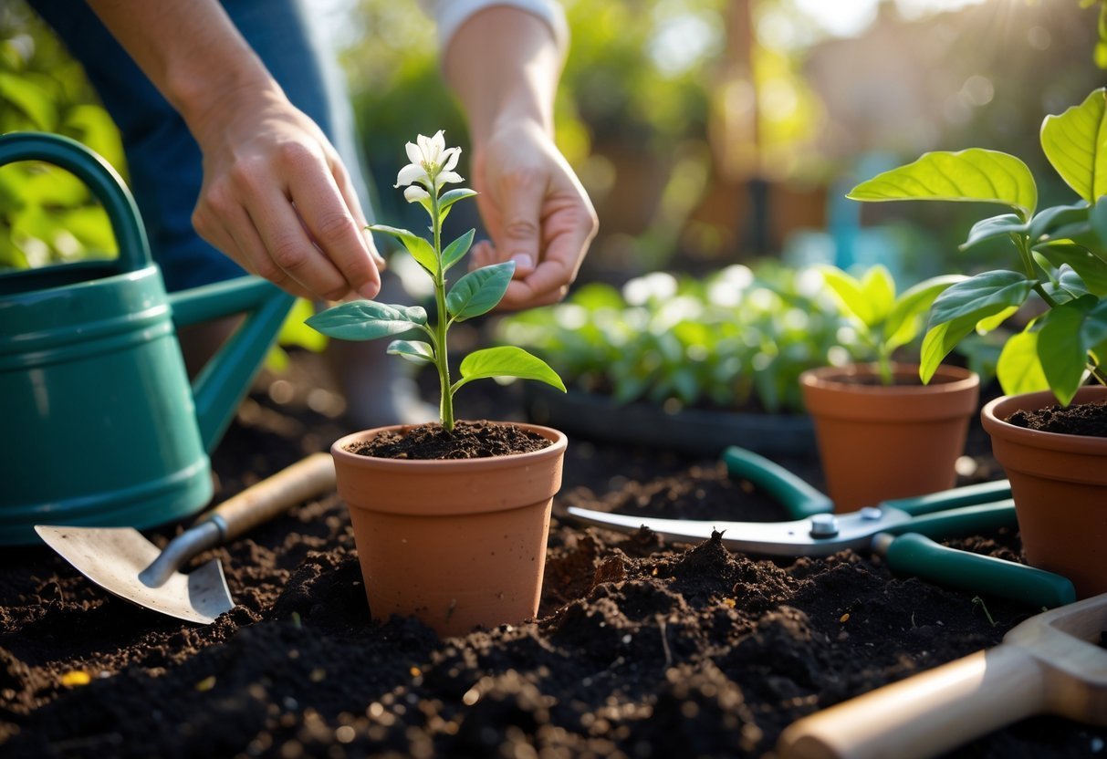Pessoa plantando e cuidando de uma planta Dama da Noite em um vaso, com ferramentas de jardinagem ao redor e flores brancas começando a florescer.