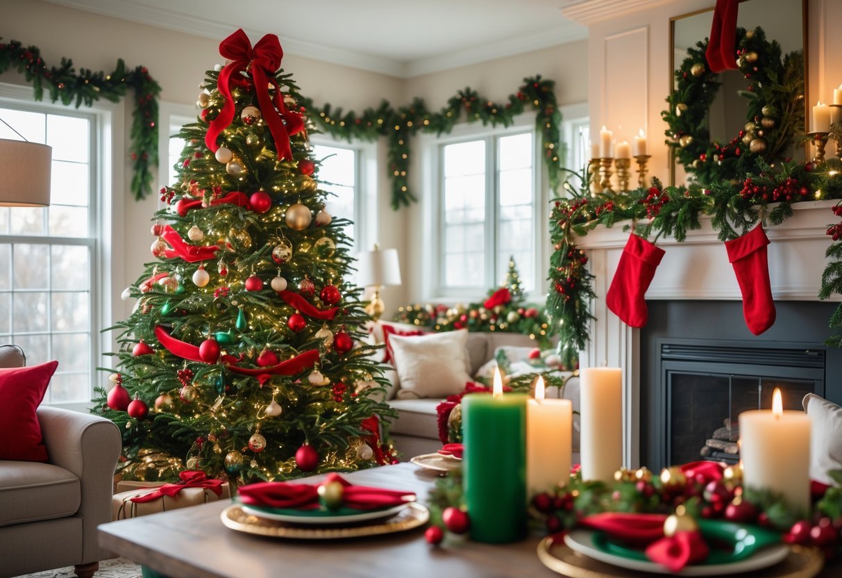 Sala de estar decorada para o Natal com árvore, guirlanda e mesa usando as cores vermelho, verde e dourado.