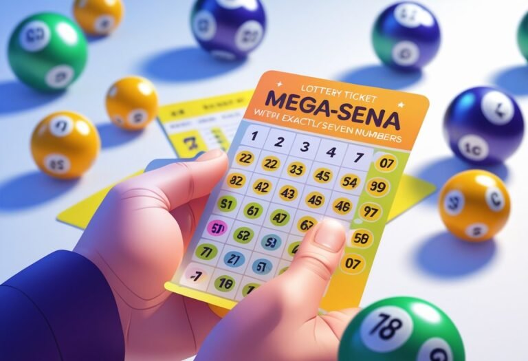 Mão segurando um bilhete de loteria com sete números marcados, com bolas de loteria numeradas ao redor.